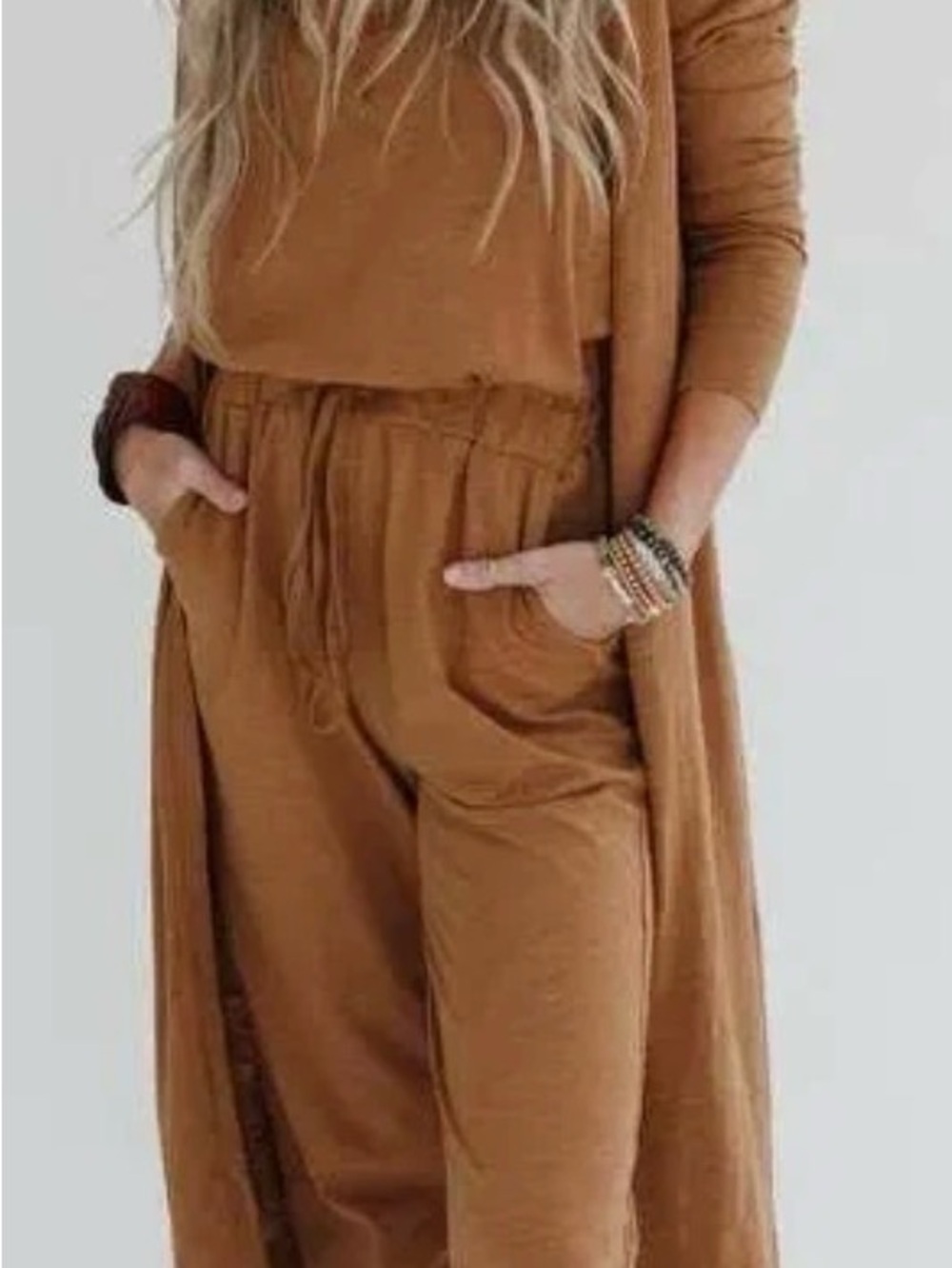 Casual Drawstring Wide-Leg Jumpsuit in Camel from Three Birds Nest